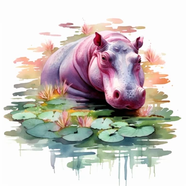 hippopotamus clipart, watercolor, in a lilly pond