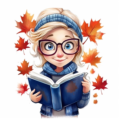 a happy little cute girl in a five-year-old, white short, blue jacket, book, glasses, maple leaf, style by Lusy Fleming, folk art, watercolor, clipart elements, smooth gradients, black contour outline, ultra detailed, white background, super clear, high quality
