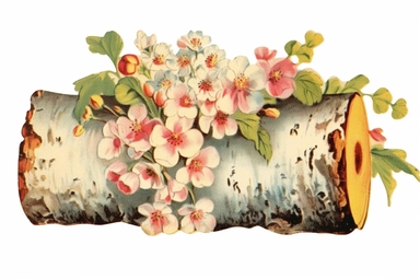 Vintage 1920 detailed Birch Tree Trunk With Flowers Illustration, Chromolithograph, Die Cut, 1920s Illustration, Vintage, Chromolithograph, Colorful, Antique, Ephemera, Clipart, 8k, Isolated on white
