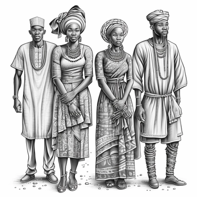 four nigerian villager african male and female village couples standing tall and dignified, coloring page for adults, no color, crisp lines, coloring pages for adults, think lines, clipart, vector, full body, no shading, full body, realistic, 8k, detailed