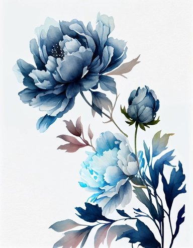 detailed watercolor blue peony corner border , isolated on white background, realistic, clipart