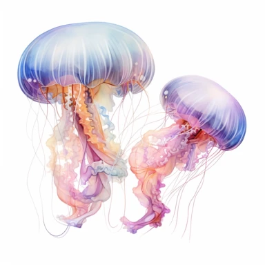 As delicate tendrils of pigment intertwined, the translucent bodies of watercolor jellyfish glowed with an otherworldly radiance, beckoning viewers into their mesmerizing aquatic realm. clipart on white background
