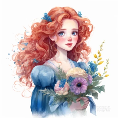 watercolor Scottish princess Merida, long, curly red hair, bright blue eyes, in formal gown, holding a delicate bouquet of flowers, clipart, white background, by Kawacy