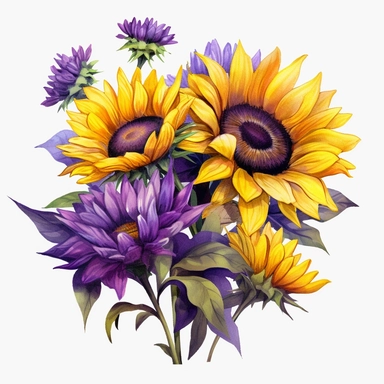 3d watercolor bunch of yellow and purple sunflower clipart, hd, isolate on white background, spaced out