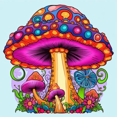 Trippy Mushroom psychedelic and vibrant clipart whimsical and surreal appearance, with bright and contrasting colors. It should evoke a sense of playfulness and a psychedelic experience Illustrative and cartoonish with exaggerated proportions and shapes Colors Vibrant and contrasting colors like neon pink, electric blue, lime green, and purple unique patterns and textures swirling patterns, dots, or gradients. It can also have eyes or other surreal elements incorporated into its design Transpare