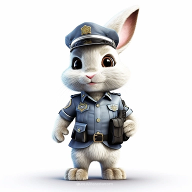 Adorable cute fantasy baby rabbit dressed like police standing in dynamic pose,front view,fullbody,sharp through out,happy expression, nursery art, clipart image, lineart image, white background, very detailed, 8k, composition wide shot