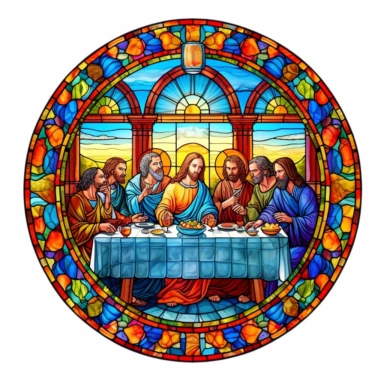 Beautiful Colorful Stained Glass The Last Supper of jesus Sublimation Clipart ,Cartoon,hyper realistic, intricate detail, illustration style,high solution,on the white background
