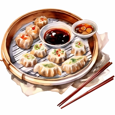 watercolor, hyper realistic, white background, white margins, 16k, ultra detailed clipart, cut out image, hand-drawn a traditional Chinese dim sum platter with a variety of steamed dumplings and buns, served with soy sauce and chili oil in the style of anime art, frostpunk, photo-realistic drawings, villagecore, lively and energetic, high quality, anime