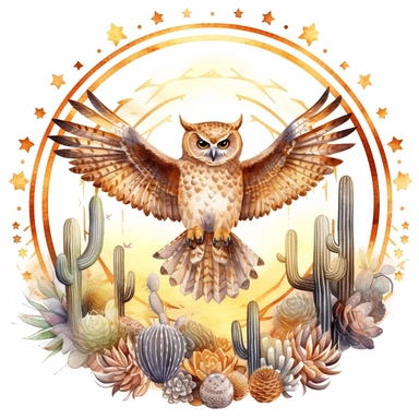 Watercolor clipart of flying owl with intricate sacred geometrical patterns, mystic cosmic atmospherical night sky background, watercolor realistic desert landscape with cactus in the golden hour, circle shaped frame, white background, very detailed , Cartoon,hyper realistic, intricate detail, illustration style,high solution,on the white background