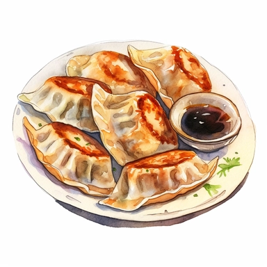 picturesque,bright luxury arrange neatly on a plate, Pan-fried gyoza dumplings with brown burnt marks, icon clipart on white background, watercolor, detailing in pastel colors, high quality, painted by Beatrix Potter, 8k,