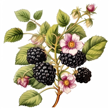Blackberries in flowers branches , watercolor clipart