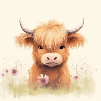 A super cute smiling highland cow, in the style of delicate children's book illustrations, bringing a fairytale to life with artistic, minimalistic details. depicted in a handdrawn doodle style, with pastel painting techniques creating a soft and dreamy effect. The illustration captures the essence of innocence and wonder, for clipart on white background