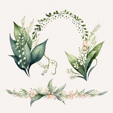 A watercolor clipart featuring delicate muguet (lily of the valley) flowers depicted on a string or garland. The flowers are depicted with intricate details, capturing the texture and delicacy of each petal and leaf. The watercolor technique used in the painting gives the image a soft, dreamy quality, with the colors blending together in a way that suggests movement and life. The garland or string design adds a whimsical and playful touch to the image, making it suitable for a variety of occasio
