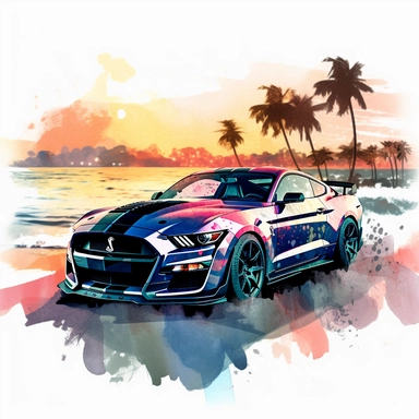 2020 shelby gt500 on a cost road, beautiful beach and sunset in the background, watercolor clipart, bright colors, detailed, isolated white background, 8k
