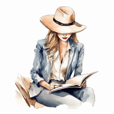 boss lady with formal clothing and baseball hat reading book watercolor clipart black lines white background