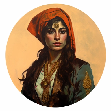 Martin Johanna's painting depicting an Irish Persian female regency orientalism noble soldier, Amoako Boafo Mad Max Lord of the Rings, handpainted punk zine indie retrowave film poster, clipart illustration, circle white background, circular border