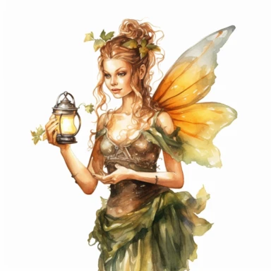 female fairy holding a fantasy lamp, watercolor clipart, white background