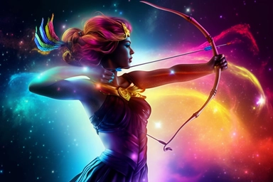 bow and arrow, sagittarius woman archer, rainbow, galaxy, clipart /8k/