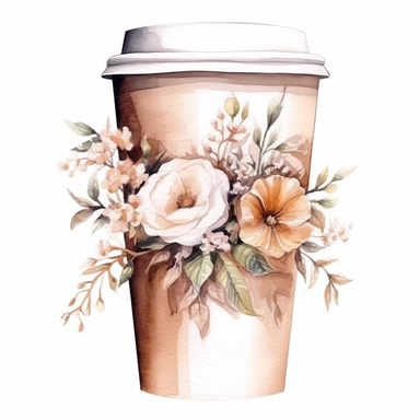 watercolor, hyper realistic, white background, white margins, 16k, ultra detailed clipart, cut out image, hand-drawn, ultra HD, sharp and clean art a plastic coffee cup adorned with delicate floral , capturing the romantic and feminine aesthetics often associated with vintage fashion and travel. earthy brown pastel and light pink pastel