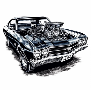Feel the thunderous engine of a Chevrolet Chevelle SS in a clipart composed in large ink blocks, showcasing the bold and aggressive nature of American muscle. In HD on a white background.