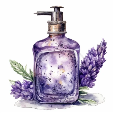 DESIGN A MAGNIFICENT AND EXQUISITE BREATHTAKING ONE-OF-A-KIND HIGH QUALITY HIGHLY DETAILED MASTERPIECE WATERCOLOR CLIPART ILLUSTRATION OF AN OLD FASHION VINTAGE LOTION PUMP DISPENCER FULL OF LAVENDER SCENTED LOTION