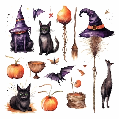 beautiful loose watercolor, halloween clipart, a witch's broom , illustrations clipart set, simple, halloween colors , cartoon elements, different variants , candy , black cat ,separate elements with a margin, on white backgound