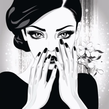 nail salon clipart of manicured hands next to elegant womans face, black and white