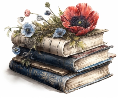 watercolor mixed media, beautiful books with embossed spines are stacked, overgrown with poppies and cornflowers, masterpiece by Ryohei Hase, in the style of 18th century botanical illustrations, PNG clipart, isolated on white, extreme photorealistic details, 32k HD resolution, realistic high detailization high resolution