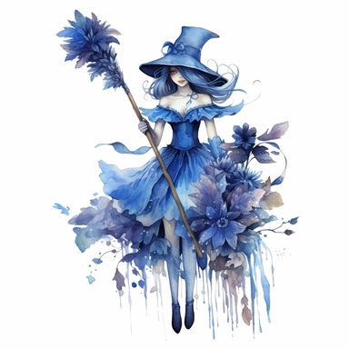 Single, Watercolor, broom, blue flower witch, fantasy, clip art, detailed, full body shot, white background
