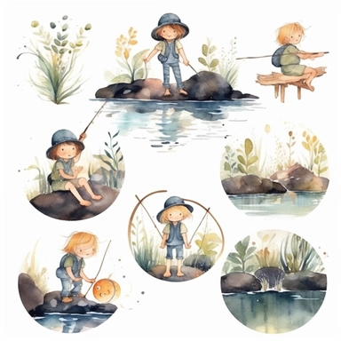 Watercolor boho fishing near a beautiful stream, illustrations clipart set, simple, soft colors, cartoon elements, different variants, cute little boy and girl fishing, separate elements with a margin