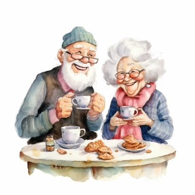 a watercolor clipart image with a white background, featuring a cute sweet extremely happy cartoon elderly friends having tea together