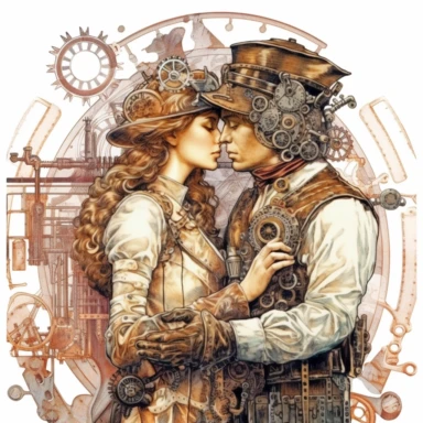 Steampunk lovers leaning in for their first kiss, their eyes sparkling with anticipation, while the world around them momentarily fades away, leaving only the sound of clinking gears and their beating hearts. Ultra high quality, intricate detail, retro-futurism, pastel clipart, white background
