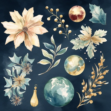 Design a collection of watercolor clipart images featuring elegant Christmas motifs such as snowflakes, stars, and ornaments. The images should have a sophisticated, upscale feel with clear lines and rich, luxurious hues. The clipart should be suitable for use in upscale holiday party invitations and other similar projects