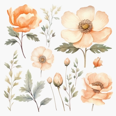 Watercolour clipart of a light peach color, burnet rose blossom theme, vintage effect, high quality, soft and muted colours, bright white background, 8k, f1