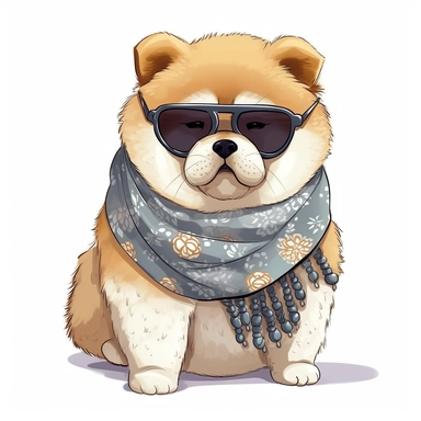 cute funny kawaii Chow Chow Puppy with Balenciaga sunglasses and cool necklaces or scarf, cute illustration, clipart, white backgound, Cuttable Design,full body