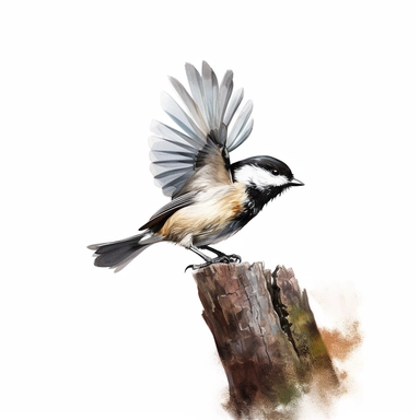realistic watercolor chickadee jumping on tree trunk , on white background, spaced out, clipart