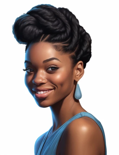 hasselblad 24 mm three quarters shot of a gorgeous african american woman with blue eyes, clipart, Composition: Relaxed position with intricate high hairstyle, smiling, detailed natural skin, Style: Nu-Goth, white background, hyperrealism, 32k