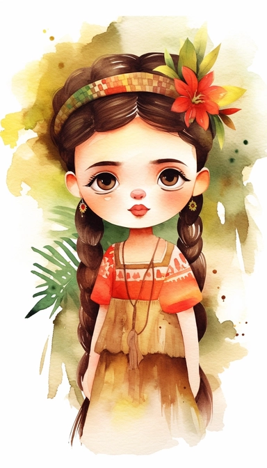 Little girl as Frida Kahlo exploring, Watercolor Clipart, strybk, full Illustration, 4k, sharp focus, watercolor, smooth soft skin, symmetrical, soft lighting, detailed face, concept art, muted colors, watercolor style, strybk, children's style fairy tales, chibi kawaii, . Octane rendering, 3d. Perfect face, detailed face, delicate face, perfect sharp lips, detailed eyes. Craig Davison, Aubrey Beardsley, Conrad Roset, Aikut Aidogdu, Agnes Cecil, watercolor style