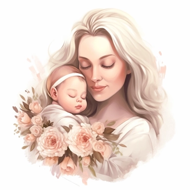 beautiful mommy cuddle her cute baby with pale flowers, dreamy styles, pale and flower background, cartoon character, watercolor styles, Sublimation Clipart,hyper realistic, intricate detail, illustration style,high solution,on the white background