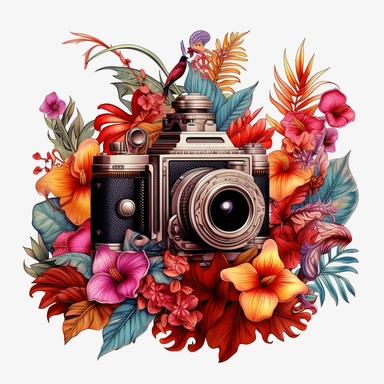 clipart of an antique photo camera, surrounded by an intricate arrangement of dramatic extravagant digital 3D giants multicolor hibiscus, rainbow palm leaves, tropical summer ambiant, playfully intricate, full of jungle flowers, bloomcore, cartoon pixar style, 8K, white background