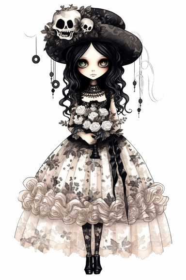 watercolor mixed media goth steampunk bride girl entire body and bridesmaids in goth steampunk wedding decor illustration clipart by holly hobbie