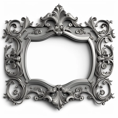 A single vintage silver frame clipart with a glossy, reflective finish and a rounded rectangular shape. The intricate details of the frame are highlighted by the shine of the silver, creating a modern and sleek look. The background is a soft gray with a subtle texture, adding depth and dimension to the design. [1], [2], [3], [4], photography, Close-up macro photography with a wide-angle lens, creating a shallow depth of field and emphasizing the intricate details of the frame. Shot on a Canon EO