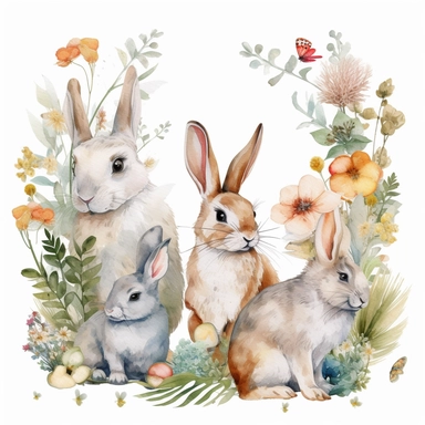 photo realistic, cute spring bunnies, watercolor, little animals and floral clipart, rabbit, country, forest, on a solid white background