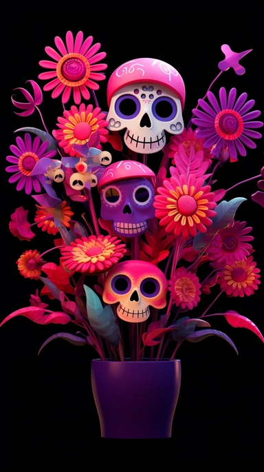 create a funny flowers bouquet, magenta and purple petals, as Halloween, bright green stem, black background, tiny purple bats flying around the flowers, and some tiny funny Catrina skulls for Halloween over emery flower, clipart,