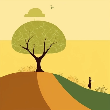create a basic illustration clipart, super minimalist, very basic colours, with the silhouette of a woman climbing a large and thought mountain, a beautiful small tree at the top of the mountain representing success that the lady is looking for, motivational image, with very basic forms, basic and light yellow, brown and green shades, with very tiny flowers on the road of the small lady is walking towards the top.