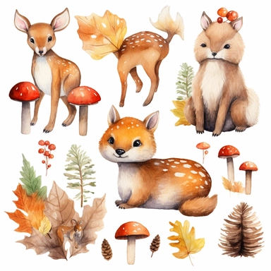 Woodland Animals Clipart Watercolor transparent png, 8k
