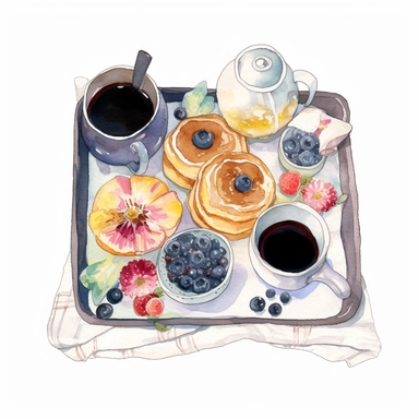 Breakfast in bed, Breakfast in bed is a classic Mother's Day tradition, draw a tray of delicious breakfast foods, such as pancakes, fruit, and coffee, clipart, mother's day, cute colors, watercolor style, high resolution, white background