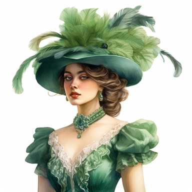 A captivating Victorian beauty in a rich emerald green satin dress, enhanced with delicate ruffles and a matching feathered hat. Every detail, from the satin sheen to the intricate featherwork, is depicted with hyper-realistic precision and cinematic smoothness. Her poised demeanor and intense gaze capture the essence of Victorian charm. Clipart, watercolor, white background, upright posture, eye contact, intricate detail, unreal engine cinematic smooth