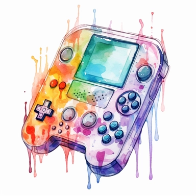 Watercolor Handheld gaming console , splash art, rgb colors, isometric, clipart, white background