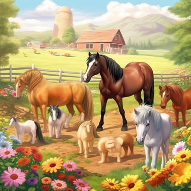 farm scene ponies, horses, clipart